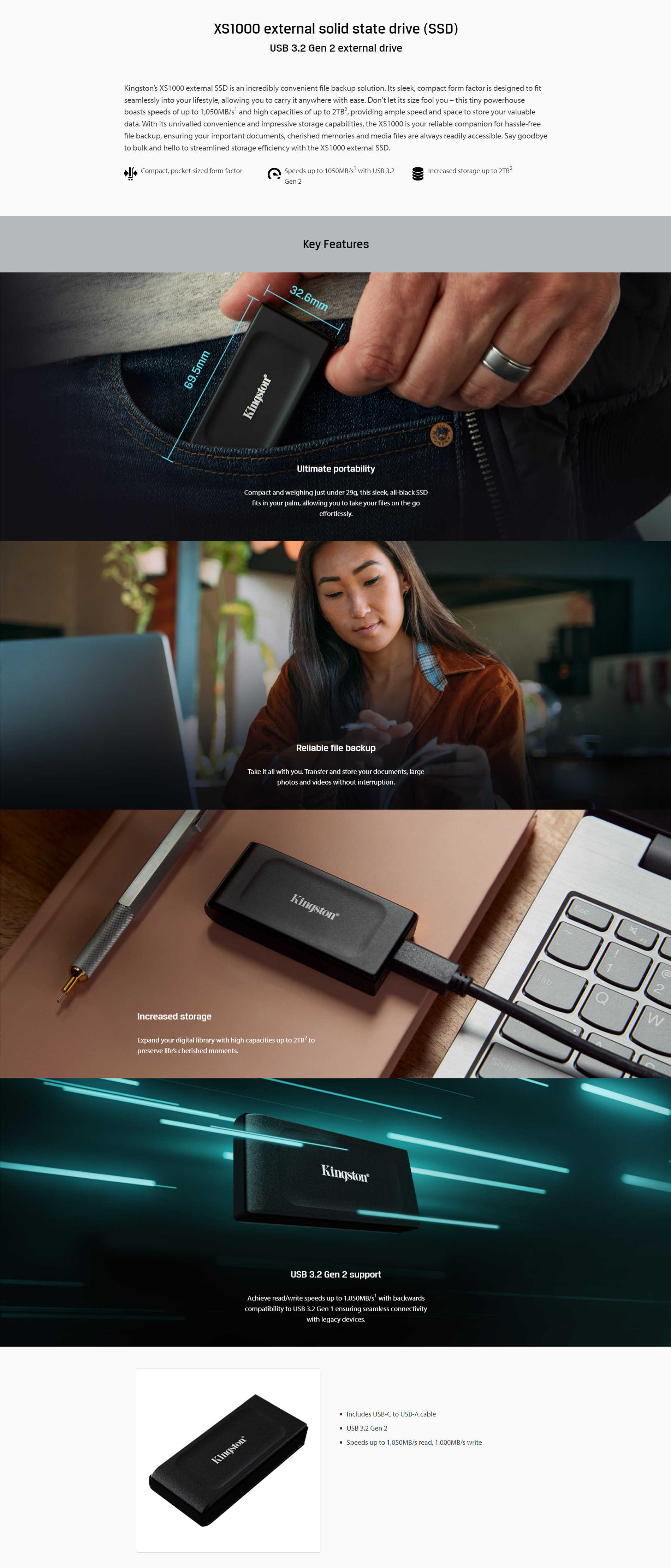 A large marketing image providing additional information about the product Kingston XS1000 USB 3.2 Gen 2 Type-C Portable External SSD - 1TB - Additional alt info not provided